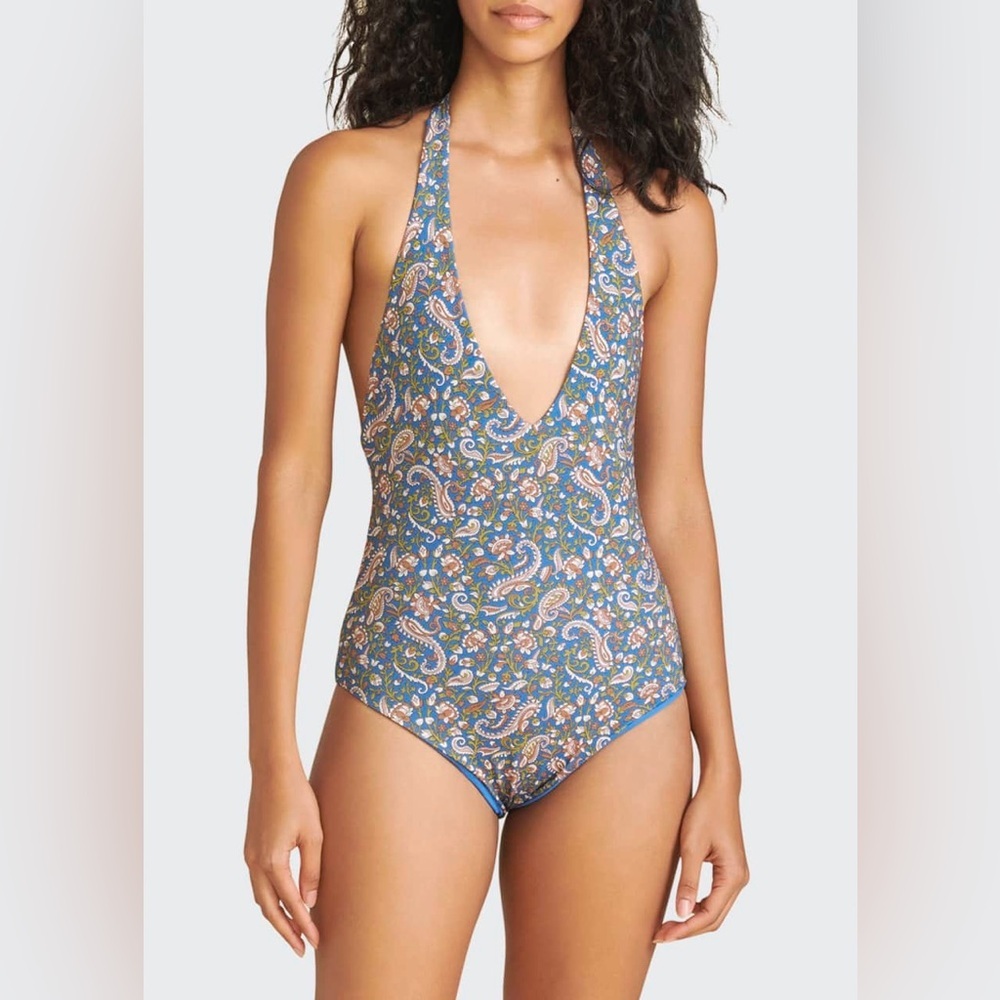 NWOT Veronica Beard Salis Paisley Plunging Halter One-Piece Swimsuit - Picture 2 of 6